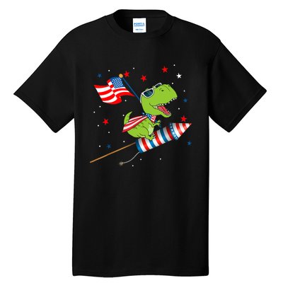 Dinosaur Riding Fireworks Funny 4th Of July Boy Tall T-Shirt