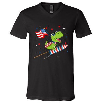 Dinosaur Riding Fireworks Funny 4th Of July Boy V-Neck T-Shirt