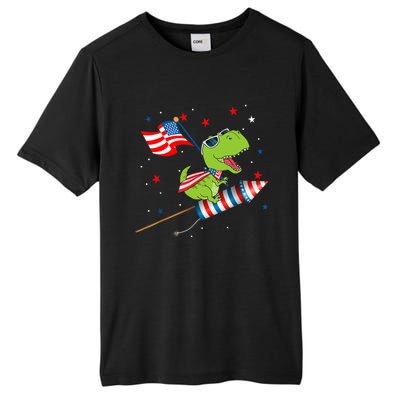 Dinosaur Riding Fireworks Funny 4th Of July Boy Tall Fusion ChromaSoft Performance T-Shirt