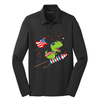 Dinosaur Riding Fireworks Funny 4th Of July Boy Silk Touch Performance Long Sleeve Polo