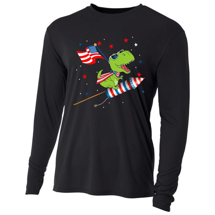 Dinosaur Riding Fireworks Funny 4th Of July Boy Cooling Performance Long Sleeve Crew