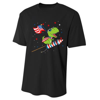 Dinosaur Riding Fireworks Funny 4th Of July Boy Performance Sprint T-Shirt