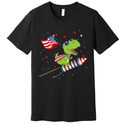 Dinosaur Riding Fireworks Funny 4th Of July Boy Premium T-Shirt