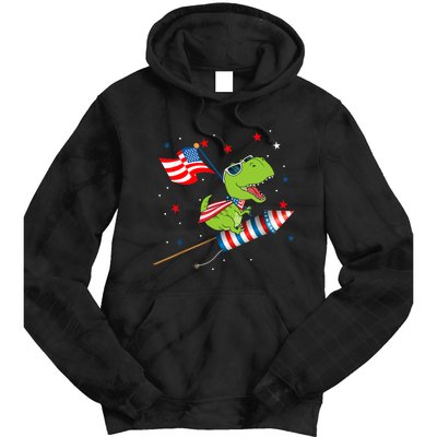 Dinosaur Riding Fireworks Funny 4th Of July Boy Tie Dye Hoodie