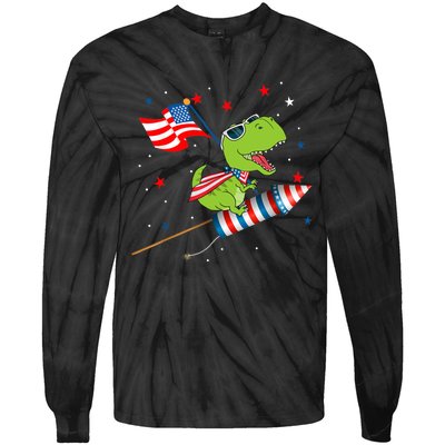 Dinosaur Riding Fireworks Funny 4th Of July Boy Tie-Dye Long Sleeve Shirt