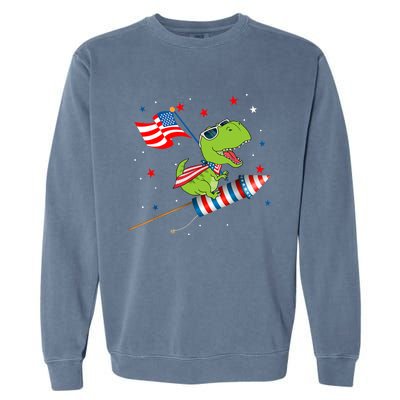 Dinosaur Riding Fireworks Funny 4th Of July Boy Garment-Dyed Sweatshirt