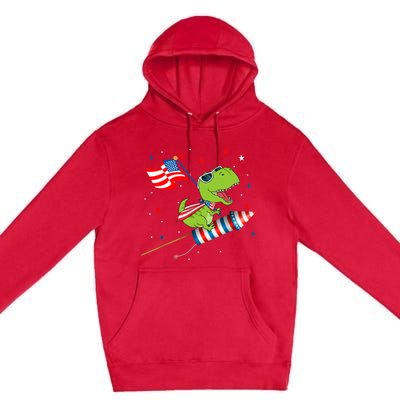 Dinosaur Riding Fireworks Funny 4th Of July Boy Premium Pullover Hoodie