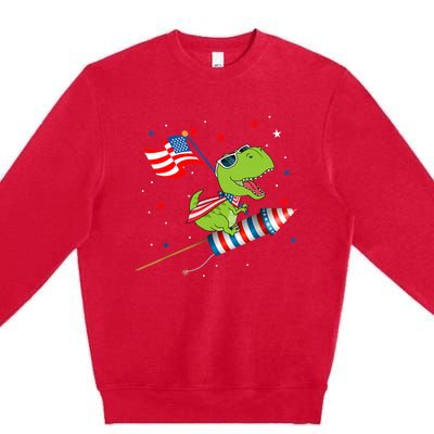 Dinosaur Riding Fireworks Funny 4th Of July Boy Premium Crewneck Sweatshirt