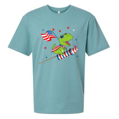 Dinosaur Riding Fireworks Funny 4th Of July Boy Sueded Cloud Jersey T-Shirt