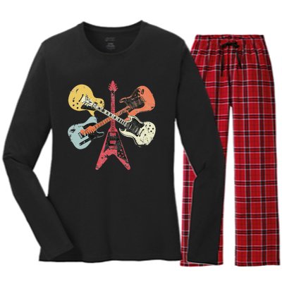 Distressed Retro Guitar Collection Rock Music Fan Women's Long Sleeve Flannel Pajama Set 