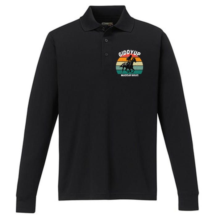 Derby Race Horse Funny Design Giddy Up Madafakas Performance Long Sleeve Polo