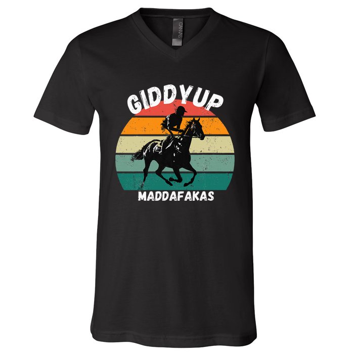 Derby Race Horse Funny Design Giddy Up Madafakas V-Neck T-Shirt