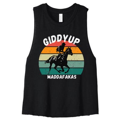 Derby Race Horse Funny Design Giddy Up Madafakas Women's Racerback Cropped Tank