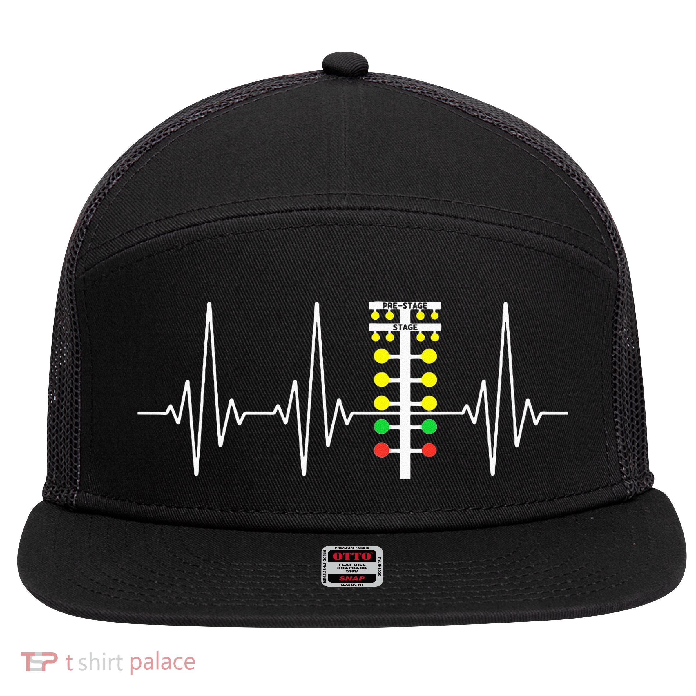 Drag Racer Heartbeat Drag Racing Race Track Light Tree 7 Panel Mesh Trucker Snapback Hat