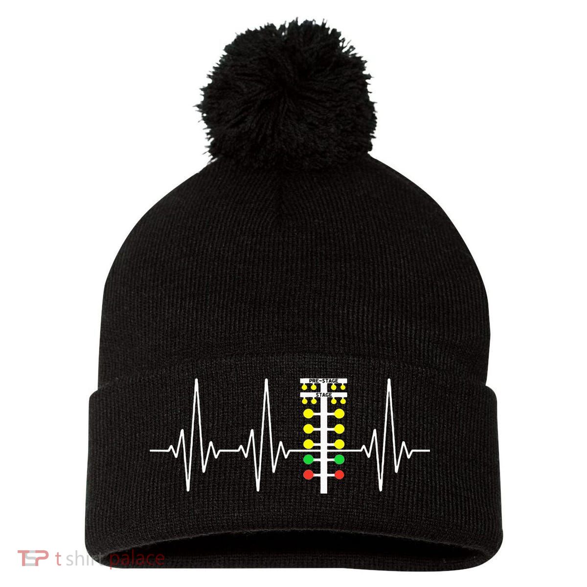 Drag Racer Heartbeat Drag Racing Race Track Light Tree Pom Pom 12in Knit Beanie