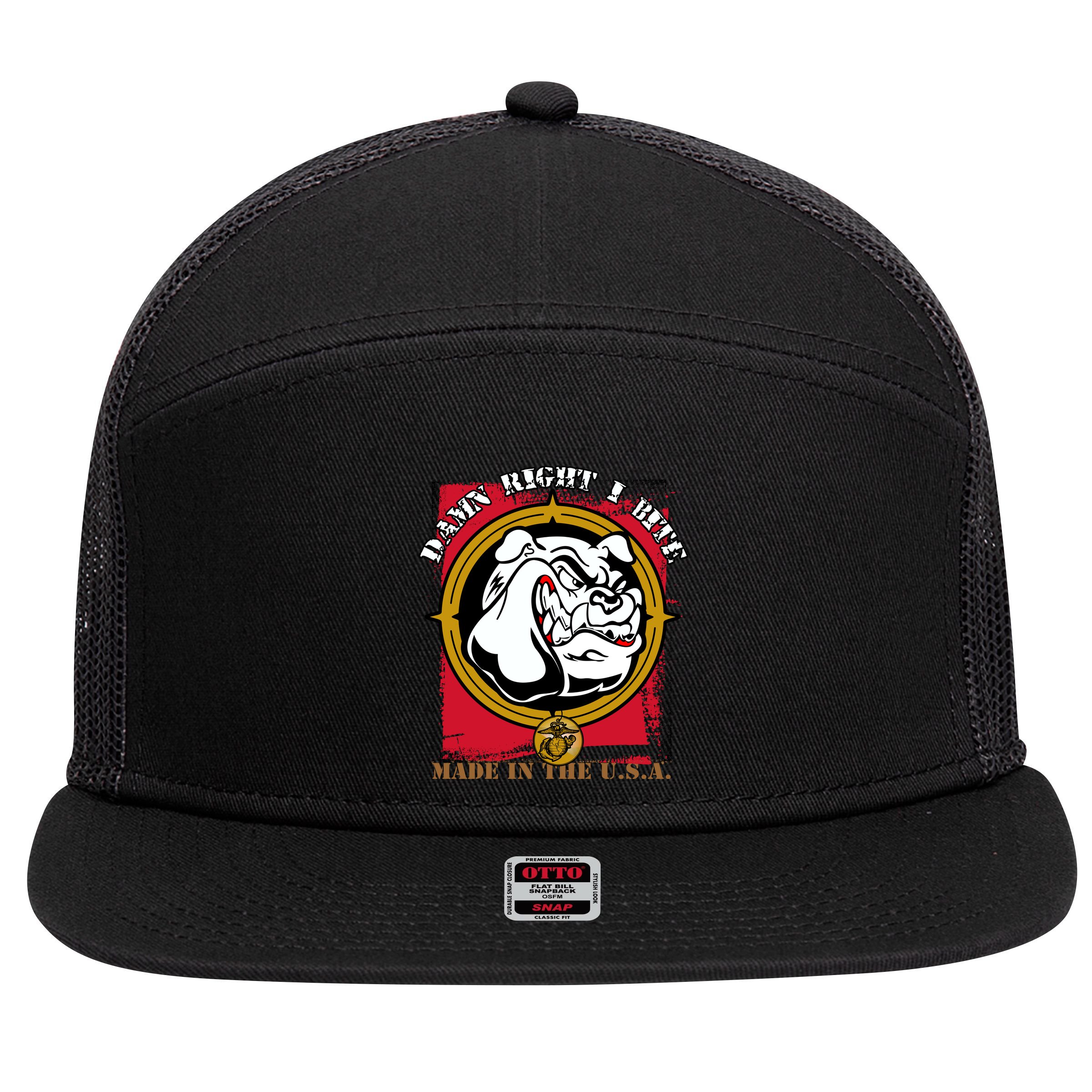 Damn Right I Bite Funny Dog 7 Panel Mesh Trucker Snapback Hat