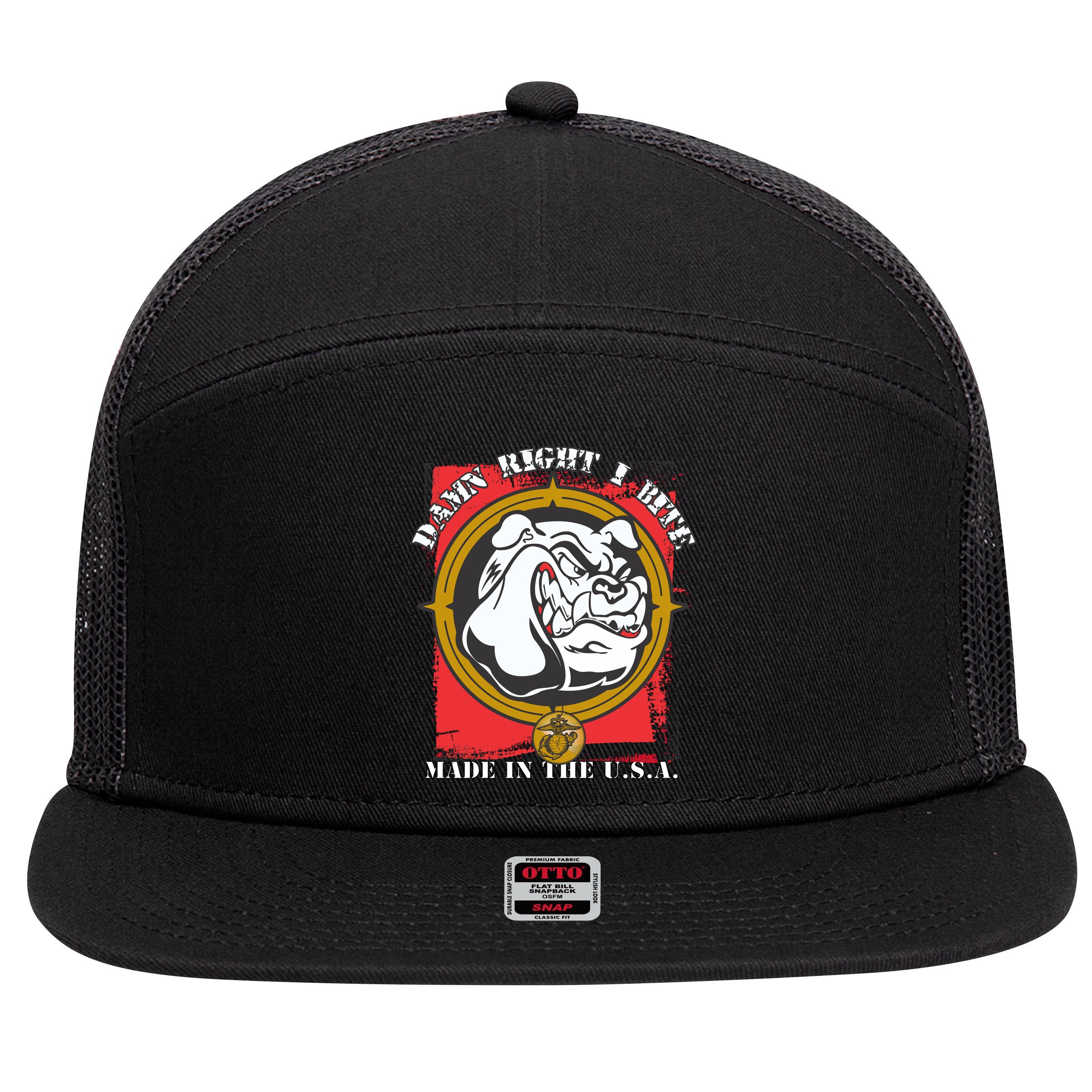 Damn Right I Bite Made In The USA Dog 7 Panel Mesh Trucker Snapback Hat