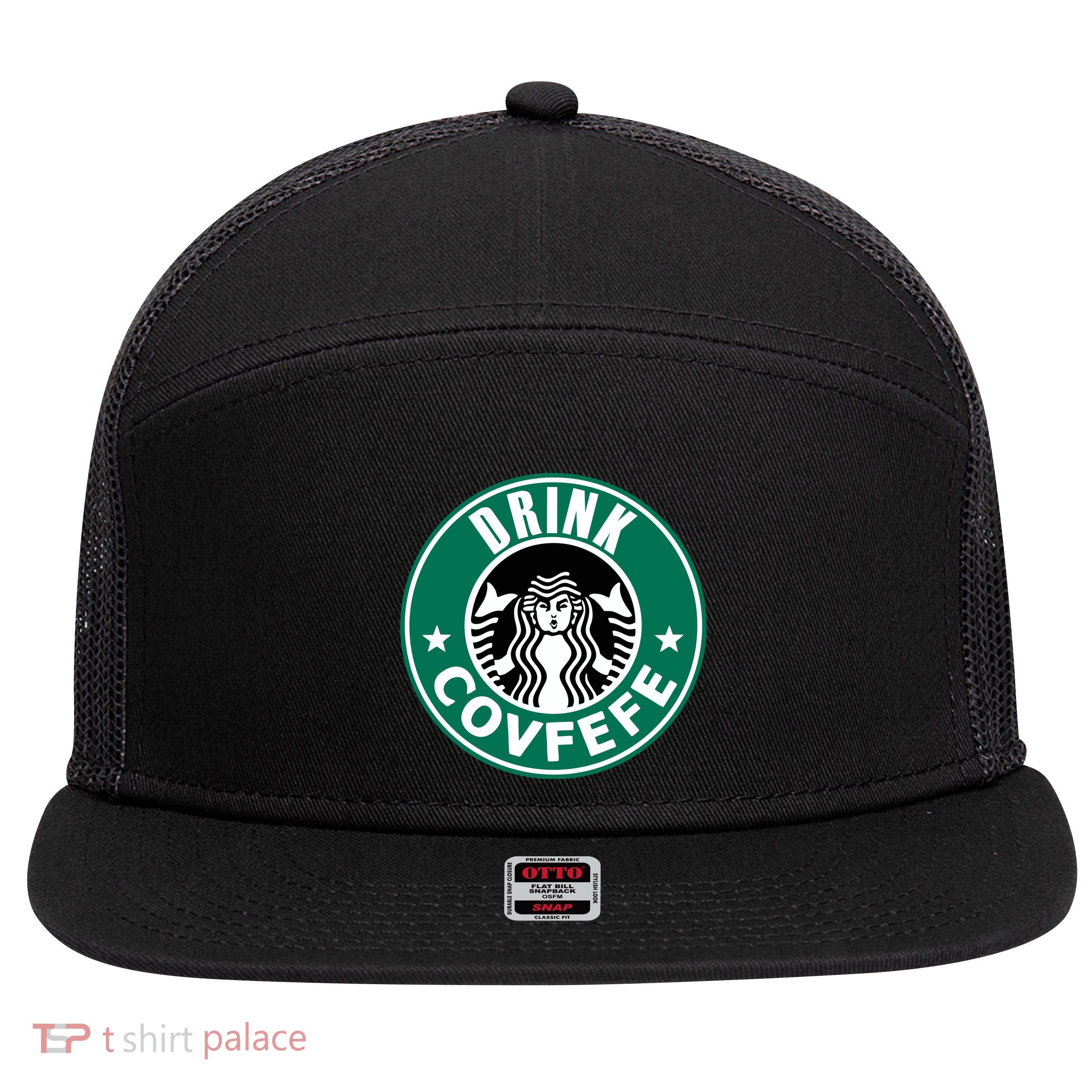 Drink Covfefe Funny Parody Logo 7 Panel Mesh Trucker Snapback Hat