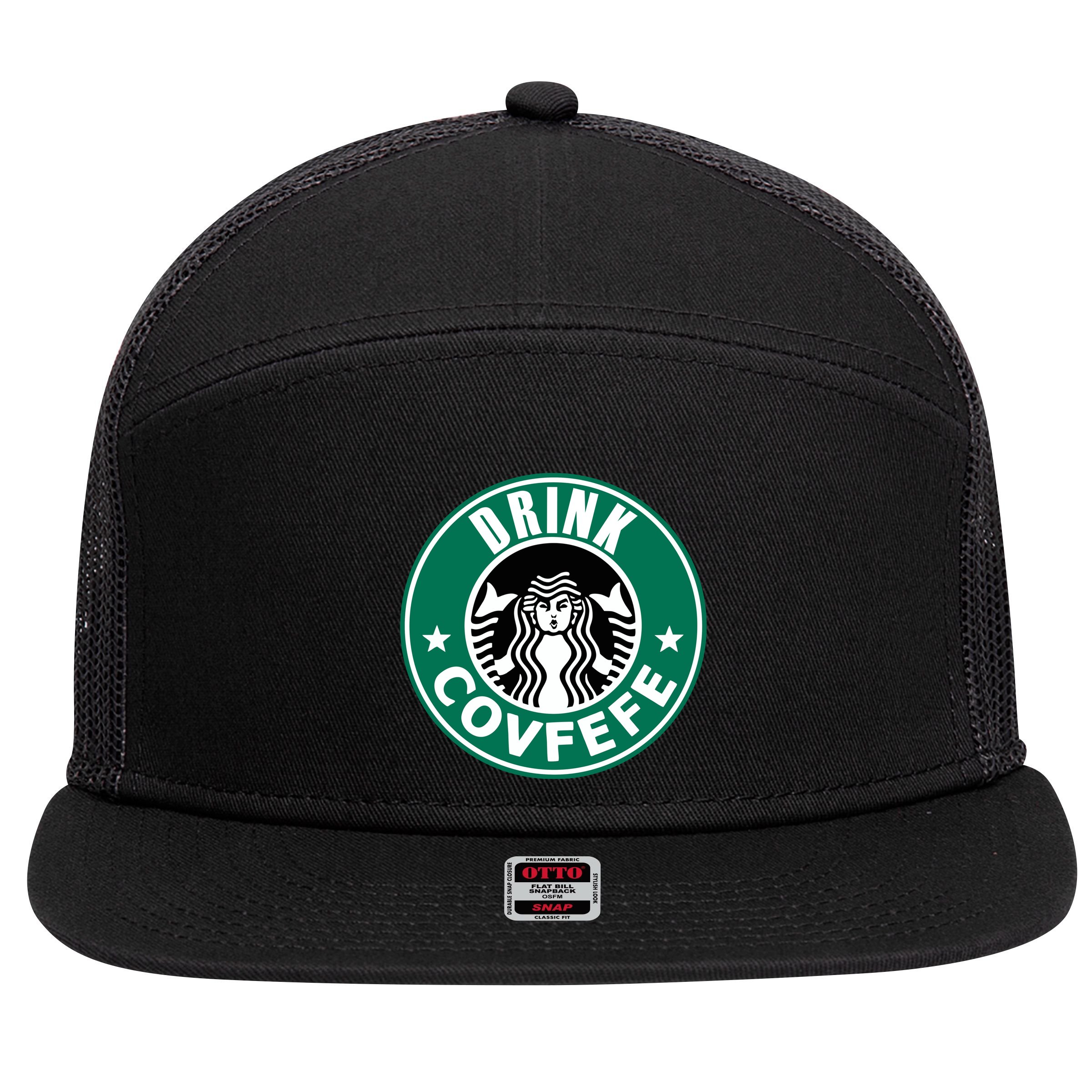 Drink Covfefe Funny Parody Logo 7 Panel Mesh Trucker Snapback Hat