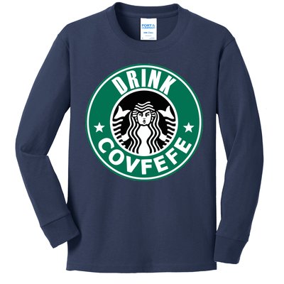 Drink Covfefe Funny Parody Logo Kids Long Sleeve Shirt