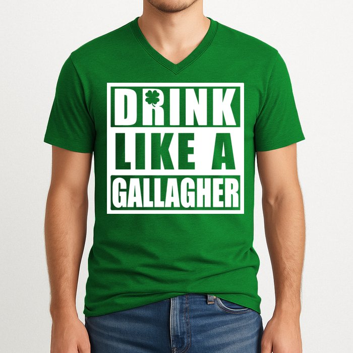 Drink Like A Gallagher Funny St. Patrick's Day Irish Clover V-Neck T-Shirt