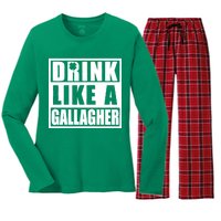 Drink Like A Gallagher Funny St. Patrick's Day Irish Clover Women's Long Sleeve Flannel Pajama Set 