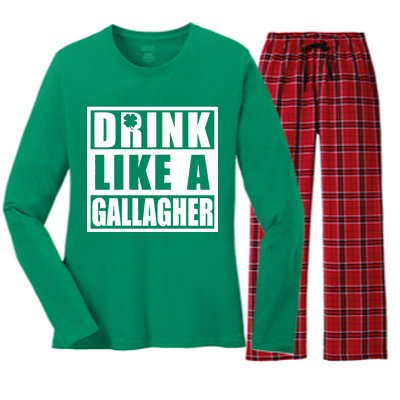 Drink Like A Gallagher Funny St. Patrick's Day Irish Clover Women's Long Sleeve Flannel Pajama Set 