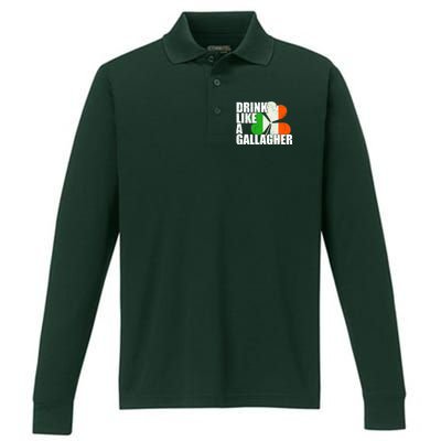 Drink Like A Gallagher Irish Clover Performance Long Sleeve Polo