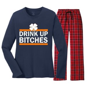 Drink Up Bitches Irish Clover Women's Long Sleeve Flannel Pajama Set 