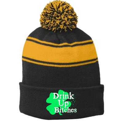 Drink Up Bitches St Patrick's Day Clover Stripe Pom Pom Beanie