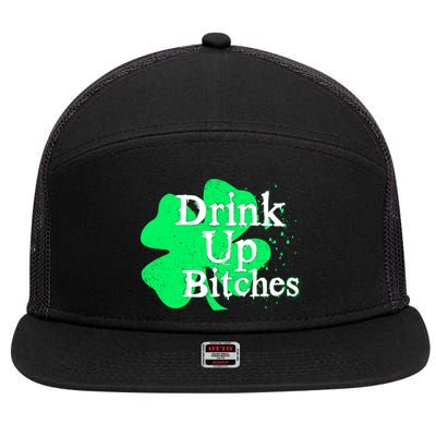 Drink Up Bitches St Patrick's Day Clover 7 Panel Mesh Trucker Snapback Hat