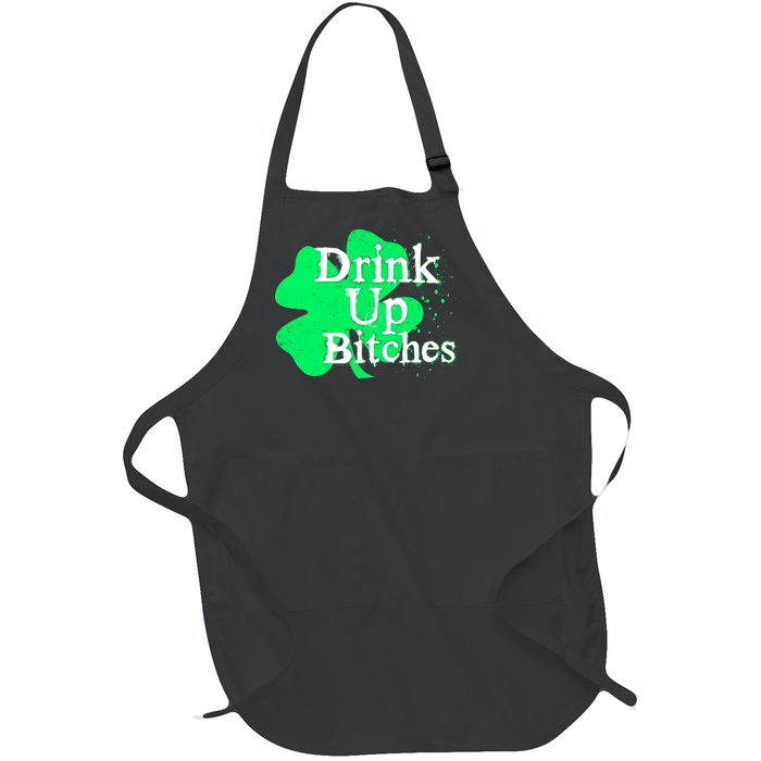 Drink Up Bitches St Patrick's Day Clover Full-Length Apron With Pockets