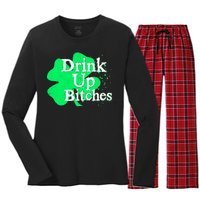 Drink Up Bitches St Patrick's Day Clover Women's Long Sleeve Flannel Pajama Set 