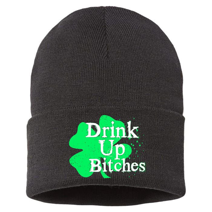 Drink Up Bitches St Patrick's Day Clover Sustainable Knit Beanie