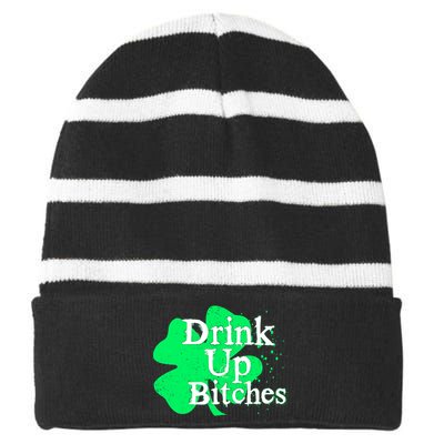 Drink Up Bitches St Patrick's Day Clover Striped Beanie with Solid Band