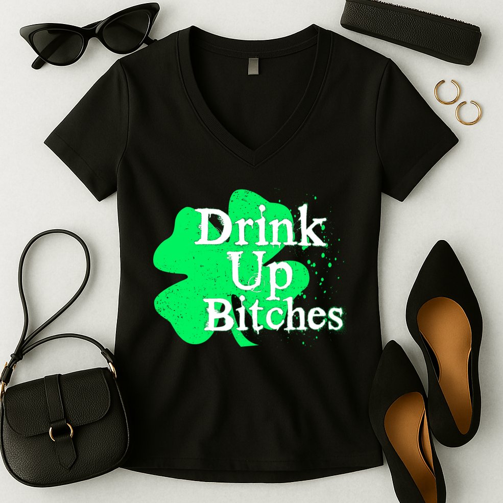 Drink Up Bitches St Patrick's Day Clover Women's V-Neck T-Shirt