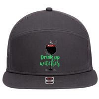 Drink Up Witches Halloween Wine 7 Panel Mesh Trucker Snapback Hat