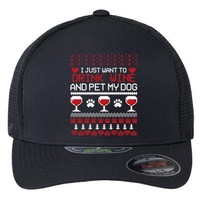 Drink Wine And Pet My Dog Ugly Christmas Flexfit Unipanel Trucker Cap