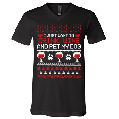 Drink Wine And Pet My Dog Ugly Christmas V-Neck T-Shirt