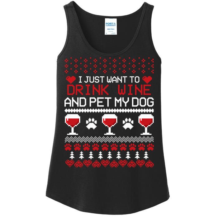 Drink Wine And Pet My Dog Ugly Christmas Ladies Essential Tank