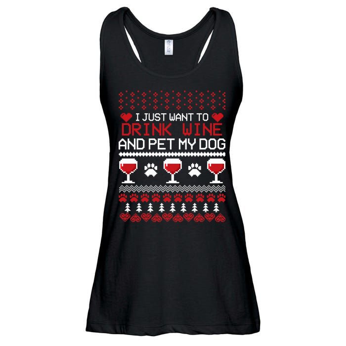 Drink Wine And Pet My Dog Ugly Christmas Ladies Essential Flowy Tank