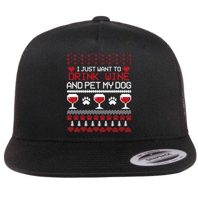 Drink Wine And Pet My Dog Ugly Christmas Flat Bill Trucker Hat