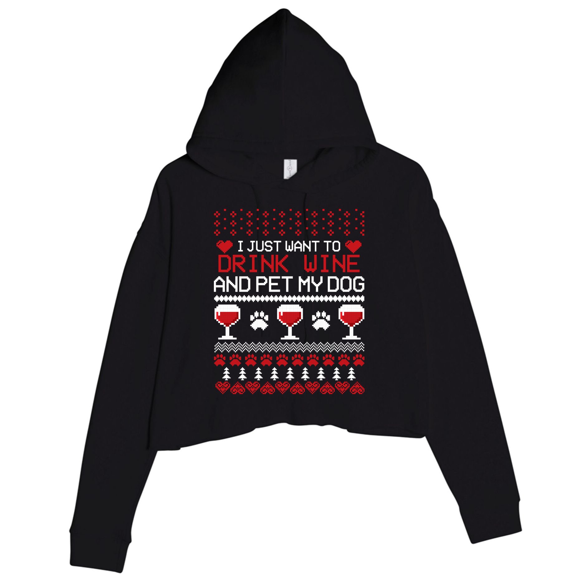 Drink Wine And Pet My Dog Ugly Christmas Crop Fleece Hoodie