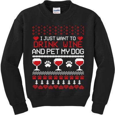 Drink Wine And Pet My Dog Ugly Christmas Kids Sweatshirt