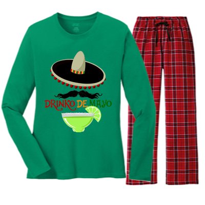 Drinko De Mayo Funny Cinco De Mayo Mustache Sombrero Women's Long Sleeve Flannel Pajama Set 