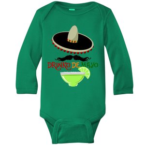 Drinko De Mayo Funny Cinco De Mayo Mustache Sombrero Baby Long Sleeve Bodysuit