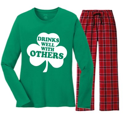 Drinks Well With Others Funny St. Patrick's Day Drinking Women's Long Sleeve Flannel Pajama Set 