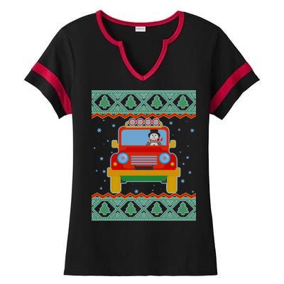 Driving Snowman Truck Ugly Christmas Sweater Ladies Halftime Notch Neck Tee