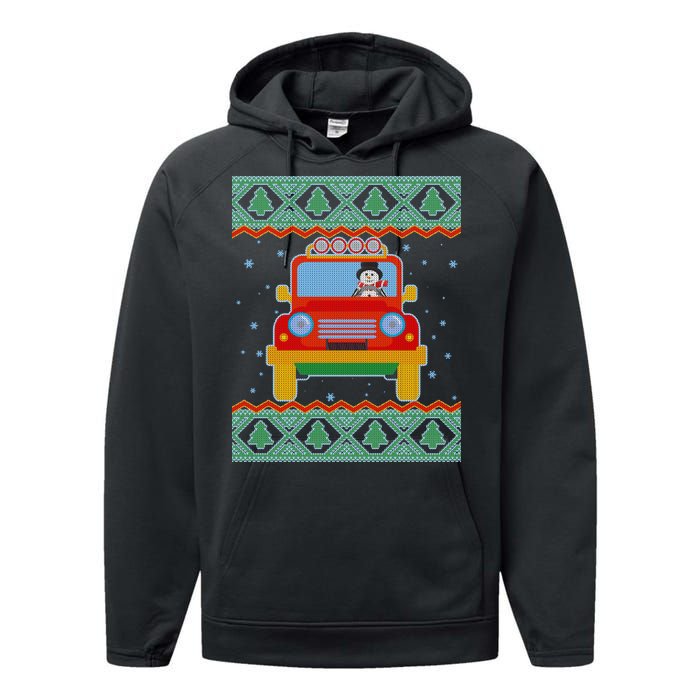 Driving Snowman Truck Ugly Christmas Sweater Performance Fleece Hoodie