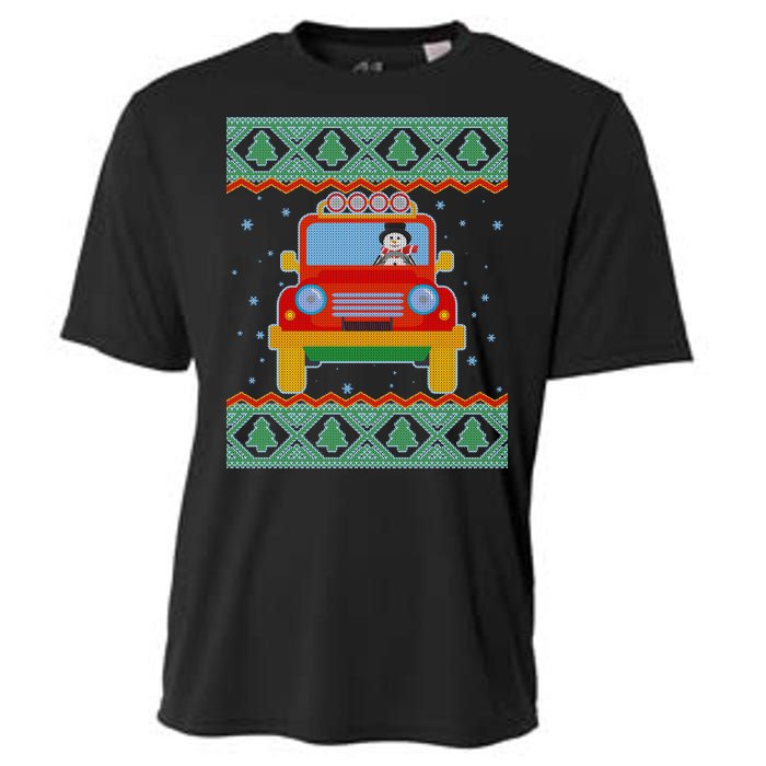 Driving Snowman Truck Ugly Christmas Sweater Cooling Performance Crew T-Shirt